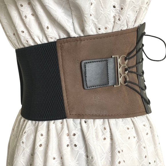Wide waist brown corset Adjustable faux leather suede Steampunk Lace up Belt - Picture 7 of 12